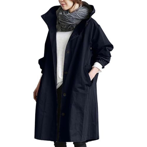 Vhersily Outdoor Jacken Damen Frühling Regenmantel Solide Lange Windjacke mit Kapuze Wasserdicht mit Taschen Windjacke Wasserdicht Baggy Trenchcoat Leichte Windjacke, Marineblau, 54 von Vhersily