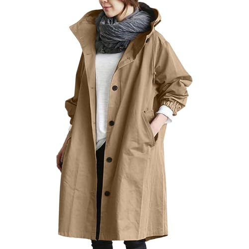 Vhersily Outdoor Jacken Damen Frühling Regenmantel Solide Lange Windjacke mit Kapuze Wasserdicht mit Taschen Windjacke Wasserdicht Baggy Trenchcoat Leichte Windjacke, beige, L von Vhersily