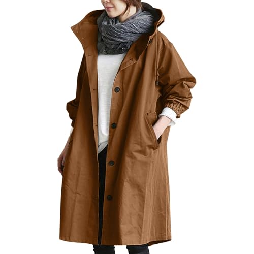 Vhersily Outdoor Jacken Damen Frühling Regenmantel Solide Lange Windjacke mit Kapuze Wasserdicht mit Taschen Windjacke Wasserdicht Baggy Trenchcoat Leichte Windjacke, braun, S von Vhersily