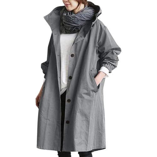 Vhersily Outdoor Jacken Damen Frühling Regenmantel Solide Lange Windjacke mit Kapuze Wasserdicht mit Taschen Windjacke Wasserdicht Baggy Trenchcoat Leichte Windjacke, grau, L von Vhersily
