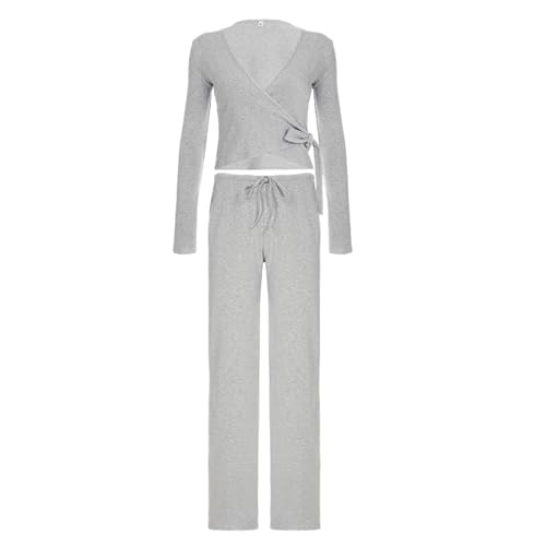 Vhersily Overall Freizeitkleider Damen - Hose Set Damen 2 Stück Kleider Langarm Taille Krawatte V-Ausschnitt Crop Top Mit Gummizug In Der Taille Hose Lounge Set Anzüge, grau, S von Vhersily