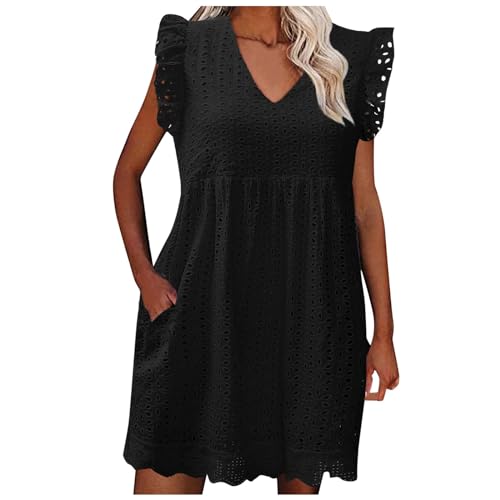 Vhersily Sommerkleid für Damen – kurzes Kleid ohne Ärmel – mit V-Ausschnitt Rüschen leichte Jacquardkleider Strandkleid mit Taschen, Schwarz , M von Vhersily