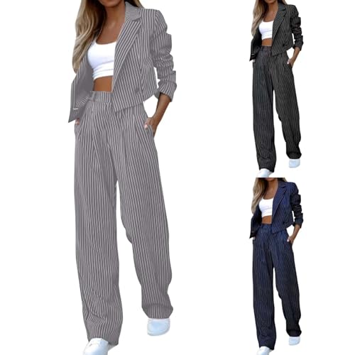 Vhersily Tailleur Damen Hose und Jacke 2 Stück - Streifen Anzug Business Büro Blazer - mit Revers Kragen gerade Taille Hohe Taille Casual Chic Overall, blau, M von Vhersily