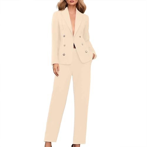 Vhersily Tailleur Damen Set Hose Curvy Hose und Jacke Overall Zweiteiliger Anzug Büro Arbeit Revers Blazer Slim Fit Complete Business, zweireihig, lässig und mit breitem Bein, für Cocktails, beige, S von Vhersily