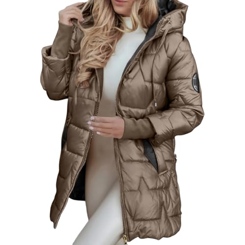 Vhersily Winterjacke Wattiert Baumwolle Damen Kapuzenmantel Mittellang Warm Daunenjacke Langarm Einfarbig Mit Tasche Winter Winddicht Regenmantel Parka Jacket, braun, XXL von Vhersily