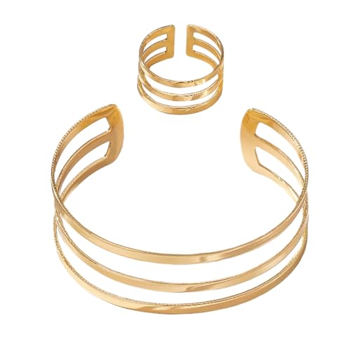 Vhjlfig Ring- und Armband-Set – Damen-Schmuck-Sets – dreilagige, hohle zierliche Armreifen, ästhetischer, trendiger Ring und Armband, stapelbare Manschette für den täglichen Gebrauch, Brautzubehör von Vhjlfig