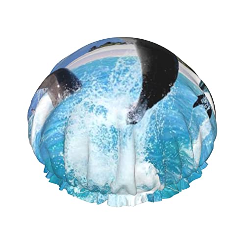 Duschhaube, Meerestiere, springender Delphin, bedruckt, Badekappe, wasserdicht, wiederverwendbar, Duschhut für Damen und Herren, Haar-Badekappen Duschhaube, Meerestiere, springender Delphin, bedruckt, Badekappe, wasserdicht, wiederverwendbar, Duschhut für Damen und Herren, Haar-Badekappen von VhoMes