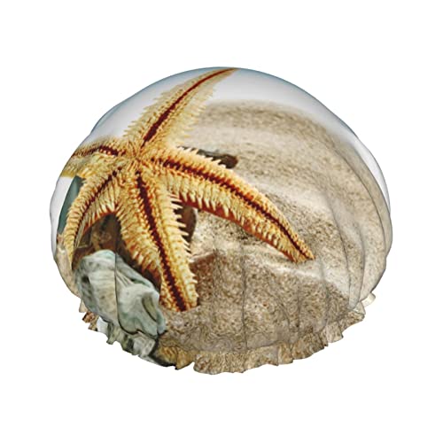 Duschhaube, Seesterne und Muscheln am Strand, bedruckt, Badekappe, wasserdicht, wiederverwendbar, Duschhut für Damen und Herren, Haar-Badekappen von VhoMes