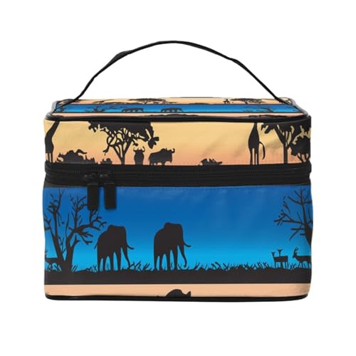 Make-up-Tasche, große Kosmetiktasche, tragbare Reisetasche, Leder, wasserdicht, für Damen und Mädchen,Afrikanische Wildtiere Akazienbaum von VhoMes