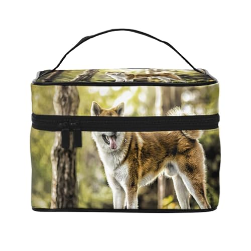 Make-up-Tasche, große Kosmetiktasche, tragbare Reisetasche, Leder, wasserdicht, für Damen und Mädchen,Akita Inu im Wald Haustiere Hunde HDR Sommer Akita von VhoMes