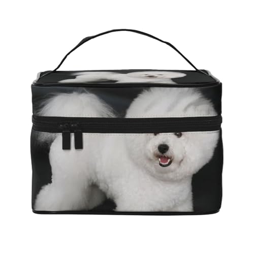 Make-up-Tasche, große Kosmetiktasche, tragbare Reisetasche, Leder, wasserdicht, für Damen und Mädchen,Bichon Frise Weiße Hunde Haustiere Hunde Bichon Frise von VhoMes