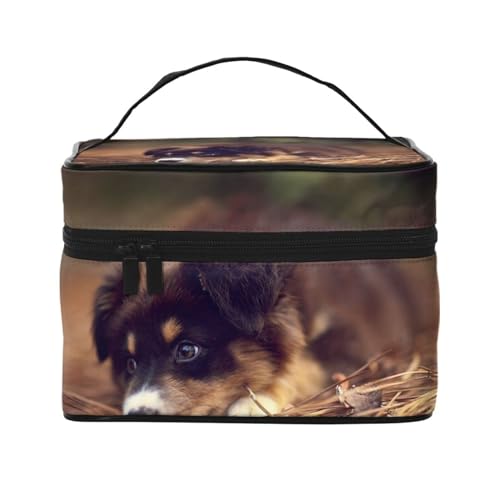 Make-up-Tasche, große Kosmetiktasche, tragbare Reisetasche, Leder, wasserdicht, für Damen und Mädchen,Border Collie Welpe Bokeh Brown Border Collie von VhoMes