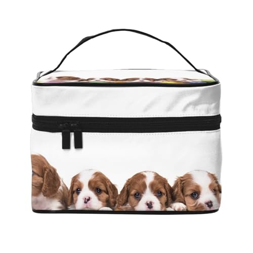 Make-up-Tasche, große Kosmetiktasche, tragbare Reisetasche, Leder, wasserdicht, für Damen und Mädchen,Cavalier King Charles Spaniel Welpenfamilie von VhoMes