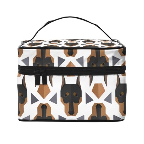 Make-up-Tasche, große Kosmetiktasche, tragbare Reisetasche, Leder, wasserdicht, für Damen und Mädchen,Dobermann-Kopf mit Polygonmuster von VhoMes