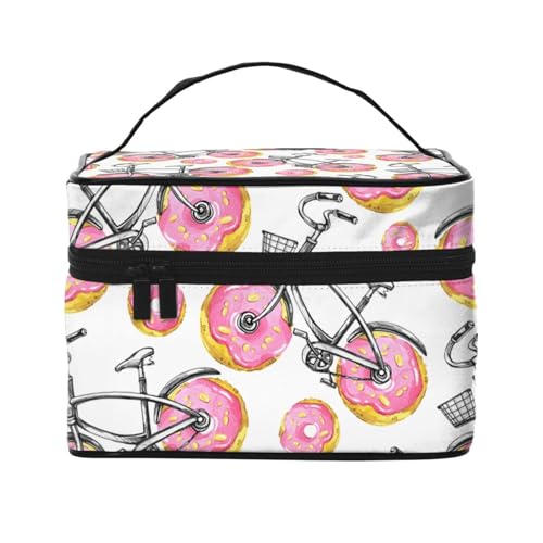 Make-up-Tasche, große Kosmetiktasche, tragbare Reisetasche, Leder, wasserdicht, für Damen und Mädchen,Donuts-Fahrräder von VhoMes