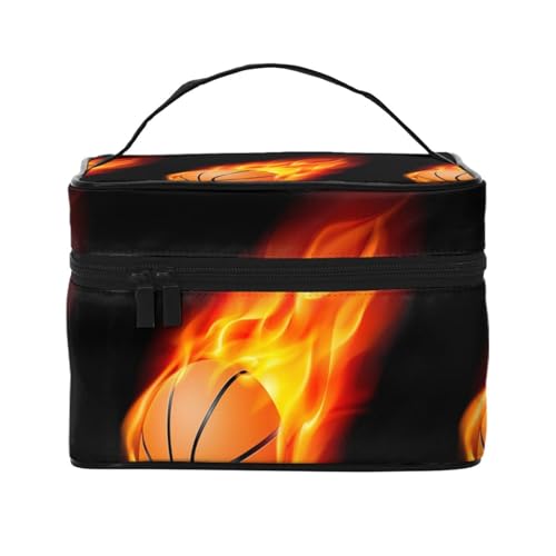 Make-up-Tasche, große Kosmetiktasche, tragbare Reisetasche, Leder, wasserdicht, für Damen und Mädchen,Fliegender Basketball in Flammen von VhoMes