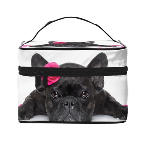 Make-up-Tasche, große Kosmetiktasche, tragbare Reisetasche, Leder, wasserdicht, für Damen und Mädchen,Französische Bulldogge mit Rose von VhoMes