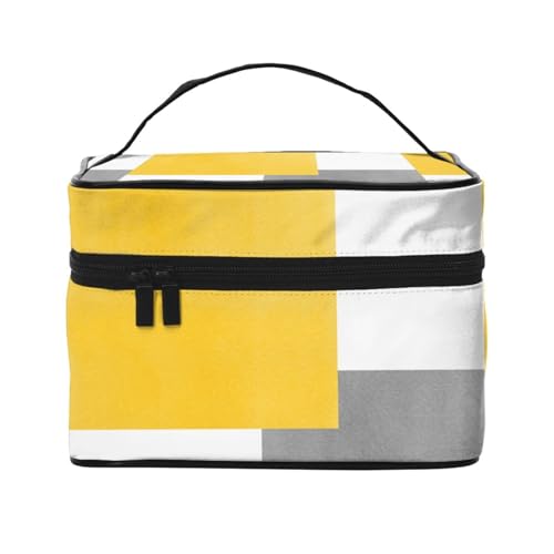 Make-up-Tasche, große Kosmetiktasche, tragbare Reisetasche, Leder, wasserdicht, für Damen und Mädchen,Gelb-grau-weißer geometrischer Block von VhoMes