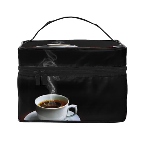 Make-up-Tasche, große Kosmetiktasche, tragbare Reisetasche, Leder, wasserdicht, für Damen und Mädchen,Heißer Kaffee mit Kaffeebohnen von VhoMes