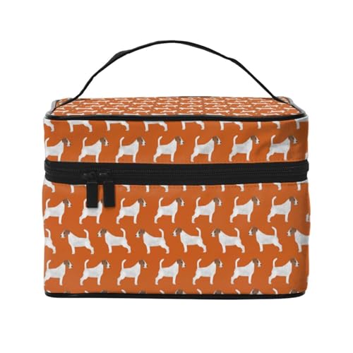 Make-up-Tasche, große Kosmetiktasche, tragbare Reisetasche, Leder, wasserdicht, für Damen und Mädchen,Jack Russell Terrier Orange Süßer Hund Jack Russells von VhoMes