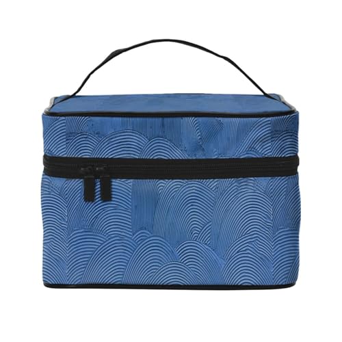 Make-up-Tasche, große Kosmetiktasche, tragbare Reisetasche, Leder, wasserdicht, für Damen und Mädchen,Marineblaue Farbkurvenlinienwand von VhoMes