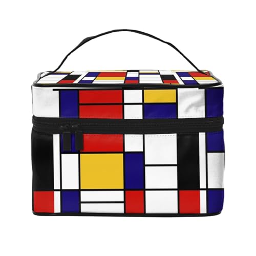 Make-up-Tasche, große Kosmetiktasche, tragbare Reisetasche, Leder, wasserdicht, für Damen und Mädchen,Mondrian-Stil von VhoMes