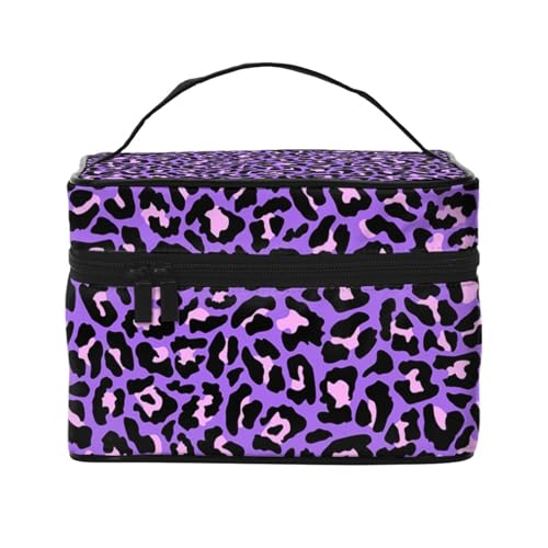 Make-up-Tasche, große Kosmetiktasche, tragbare Reisetasche, Leder, wasserdicht, für Damen und Mädchen,Neonlila rosa Leopardentierdruck von VhoMes