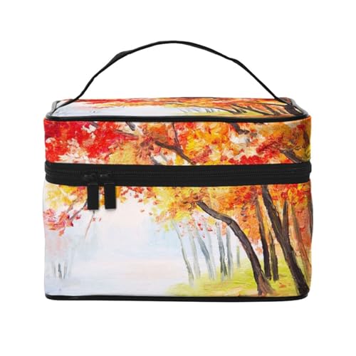 Make-up-Tasche, große Kosmetiktasche, tragbare Reisetasche, Leder, wasserdicht, für Damen und Mädchen,Orangefarbene Blätter des Herbstwaldes von VhoMes