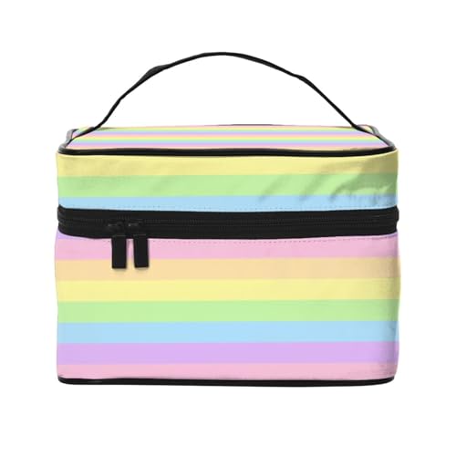 Make-up-Tasche, große Kosmetiktasche, tragbare Reisetasche, Leder, wasserdicht, für Damen und Mädchen,Pastellfarbener Regenbogen gestreift von VhoMes