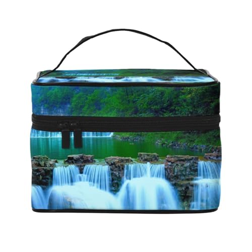 Make-up-Tasche, große Kosmetiktasche, tragbare Reisetasche, Leder, wasserdicht, für Damen und Mädchen,Regenwald-Wasserfall Bedruckt von VhoMes