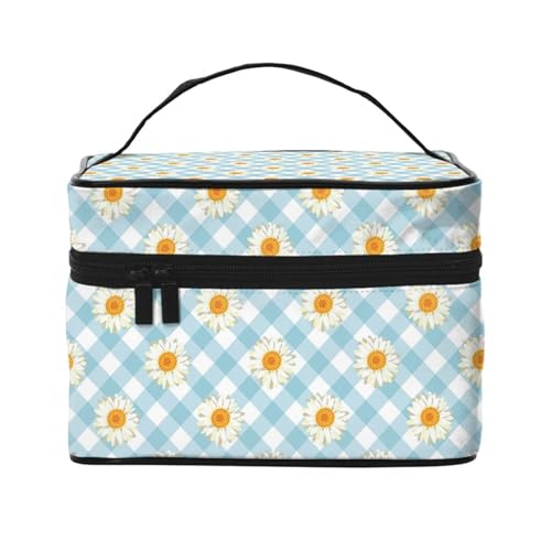 Make-up-Tasche, große Kosmetiktasche, tragbare Reisetasche, Leder, wasserdicht, für Damen und Mädchen,Retro-Gänseblümchen-Blumen-blaues Karomuster von VhoMes