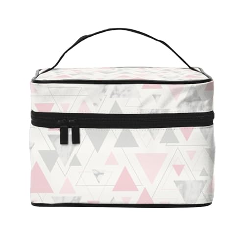 Make-up-Tasche, große Kosmetiktasche, tragbare Reisetasche, Leder, wasserdicht, für Damen und Mädchen,Rosa-Grauer silberner geometrischer Dreiecksmarmor von VhoMes