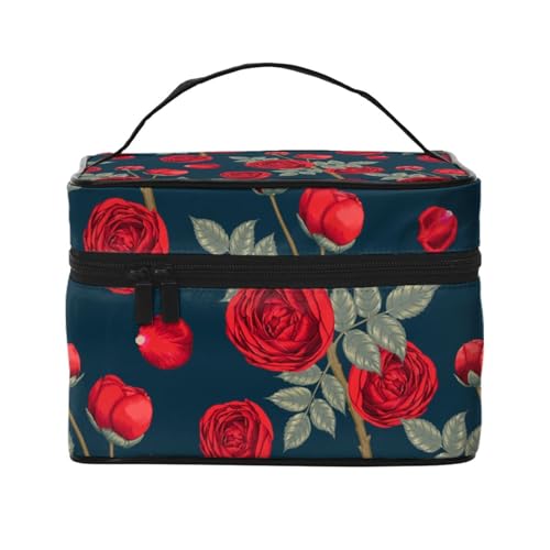 Make-up-Tasche, große Kosmetiktasche, tragbare Reisetasche, Leder, wasserdicht, für Damen und Mädchen,Rote Rosen-Blumen von VhoMes