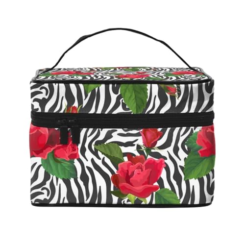Make-up-Tasche, große Kosmetiktasche, tragbare Reisetasche, Leder, wasserdicht, für Damen und Mädchen,Rotes Blumentier Zebra von VhoMes