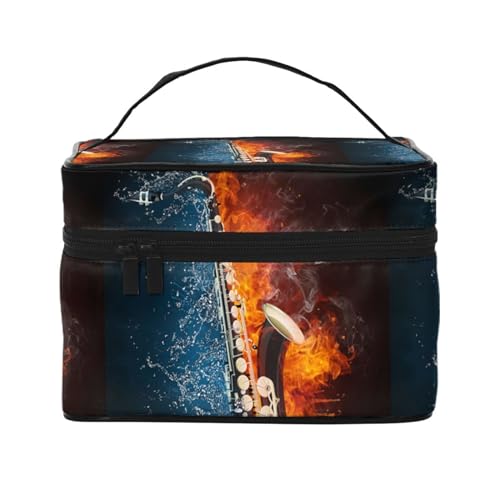 Make-up-Tasche, große Kosmetiktasche, tragbare Reisetasche, Leder, wasserdicht, für Damen und Mädchen,Saxophon in Flammen und EIS von VhoMes