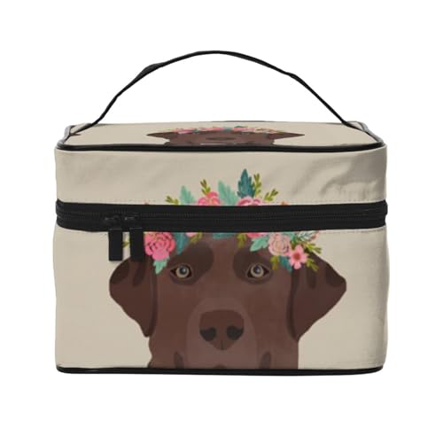 Make-up-Tasche, große Kosmetiktasche, tragbare Reisetasche, Leder, wasserdicht, für Damen und Mädchen,Schokoladen-Labrador mit Schnittlinien-Hundepaneel mit Blumenmuster von VhoMes