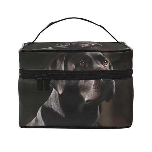 Make-up-Tasche, große Kosmetiktasche, tragbare Reisetasche, Leder, wasserdicht, für Damen und Mädchen,Schwarzer Labrador-Druck von VhoMes