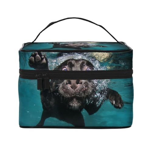 Make-up-Tasche, große Kosmetiktasche, tragbare Reisetasche, Leder, wasserdicht, für Damen und Mädchen,Schwarzer Labrador Retriever Hund schwimmt von VhoMes