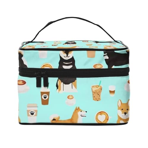 Make-up-Tasche, große Kosmetiktasche, tragbare Reisetasche, Leder, wasserdicht, für Damen und Mädchen,Shiba Inu Kaffee-Druck-Hundemuster von VhoMes