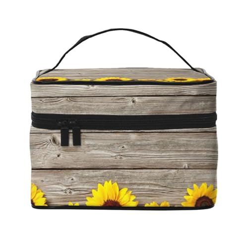 Make-up-Tasche, große Kosmetiktasche, tragbare Reisetasche, Leder, wasserdicht, für Damen und Mädchen,Sonnenblume auf rustikalem Holz von VhoMes