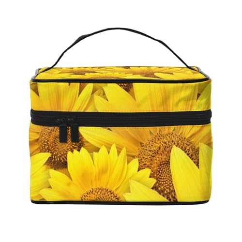 Make-up-Tasche, große Kosmetiktasche, tragbare Reisetasche, Leder, wasserdicht, für Damen und Mädchen,Sonnenblumen, gelbe Blumen, Bedruckt von VhoMes