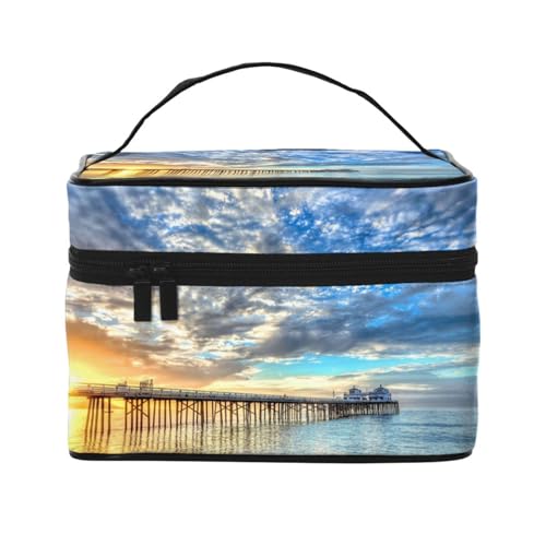 Make-up-Tasche, große Kosmetiktasche, tragbare Reisetasche, Leder, wasserdicht, für Damen und Mädchen,Strand Meer Brücke Wolken Sonnenuntergang gedruckt von VhoMes