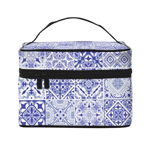 Make-up-Tasche, große Kosmetiktasche, tragbare Reisetasche, Leder, wasserdicht, für Damen und Mädchen,Traditionelle wunderschöne portugiesische dekorative Fliesen Azulejos-Fliesen von VhoMes