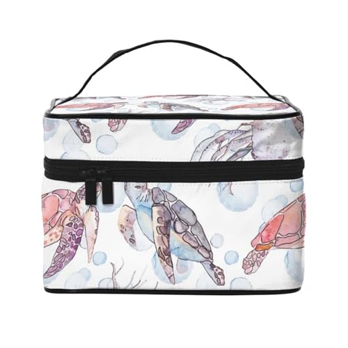 Make-up-Tasche, große Kosmetiktasche, tragbare Reisetasche, Leder, wasserdicht, für Damen und Mädchen,Unterwasser-Meeresmuster-Meeresschildkröten von VhoMes