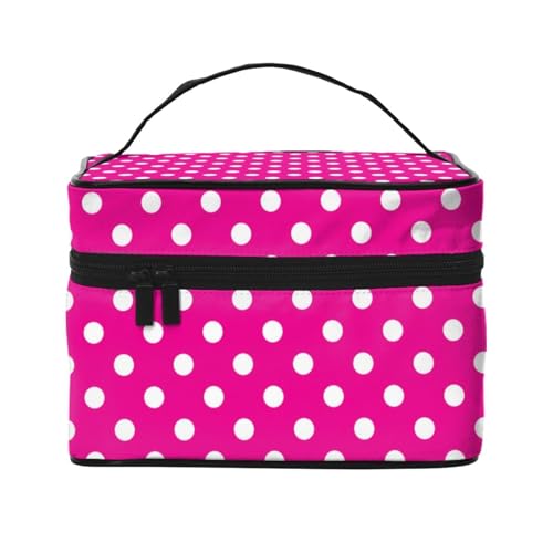 Make-up-Tasche, große Kosmetiktasche, tragbare Reisetasche, Leder, wasserdicht, für Damen und Mädchen,Weiße Polka Dots Pink von VhoMes