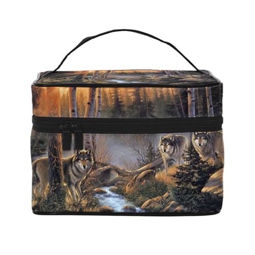 Make-up-Tasche, große Kosmetiktasche, tragbare Reisetasche, Leder, wasserdicht, für Damen und Mädchen,Wolfswildnis von VhoMes