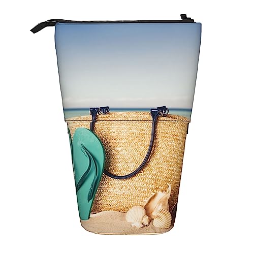 VhoMes Federmäppchen Handtasche Meer Sommer Seestern Sandbrille Bedrucktes Teleskop-Briefpapier Stiftetui Stand-up-Bleistiftbecher mit Reißverschluss-Bleistiftbeutel von VhoMes