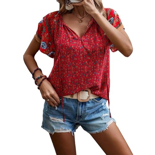 VhoMes Floral Print Blusen für Frauen V-Ausschnitt Smocked Puffärmel Hemden Casual Sommer Western Chiffon Top (Color : Red, Size : S) von VhoMes