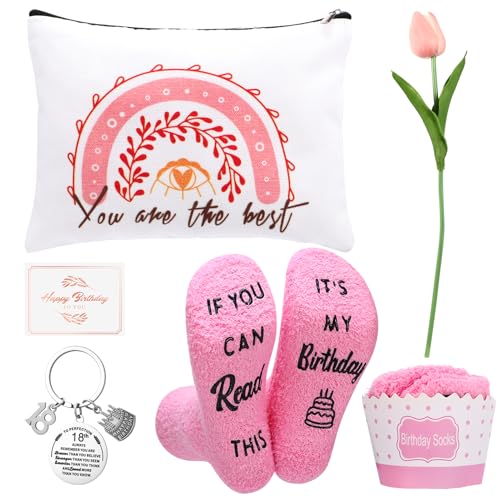 ViEinkaufen Geschenk zum 18. Geburtstag für Mädchen – inspirierender Schlüsselanhänger, Make-up-Tasche und Socken zum 18. Geburtstag mit Tulpenblume und Dankeskarte – perfektes Geschenk für Tochter von ViEinkaufen