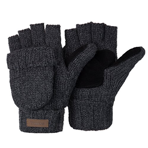 ViGrace Winter-Handschuhe, gestrickt, wandelbar, fingerlos, Woll-Fäustlinge, warmer Handschuh für Damen und Herren, grau dunkel, Medium von ViGrace